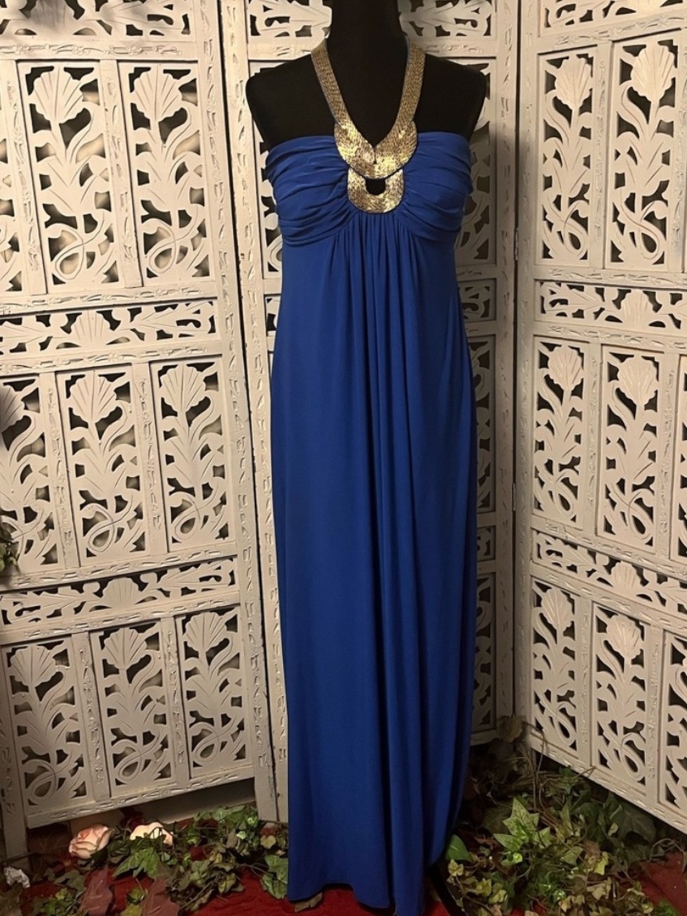 Ignite evening Gold Halter Accent Royal Blue Strapless Maxi Dress
